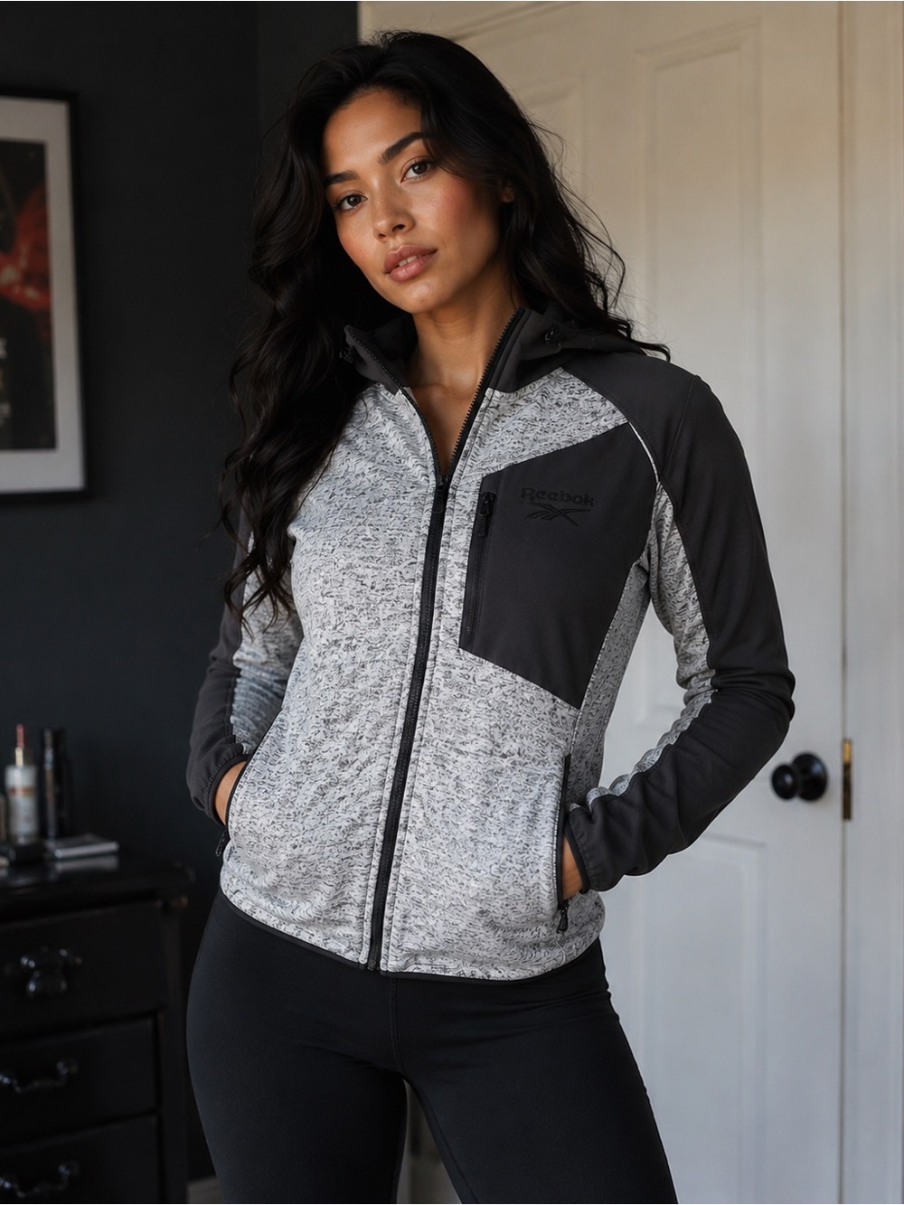 Reebok Medium Gray Black Hooded Athletic Jacket Full Zip Lightweight Activewear